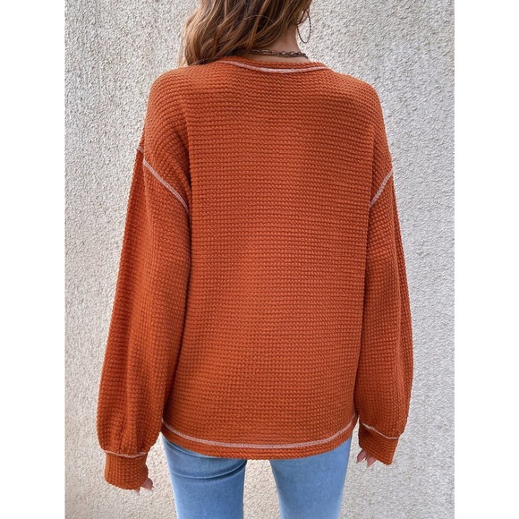 Minimalist Bishop Sleeve Pocket Patched Topstitching Tee waffle thermal - Picture 2 of 10